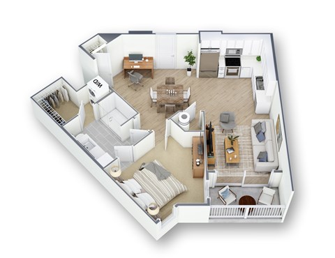 A 3D floor plan of a house with a kitchen, living room, and bathroom.